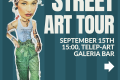 an advertisement with a piece of street art on it next to a big font message saying street art tour