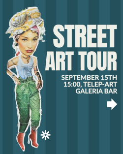 an advertisement with a piece of street art on it next to a big font message saying street art tour